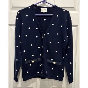Susan Bristol Vintage 1992 Navy Polka Dot Cotton Cardigan Sweater Bows S Coastal